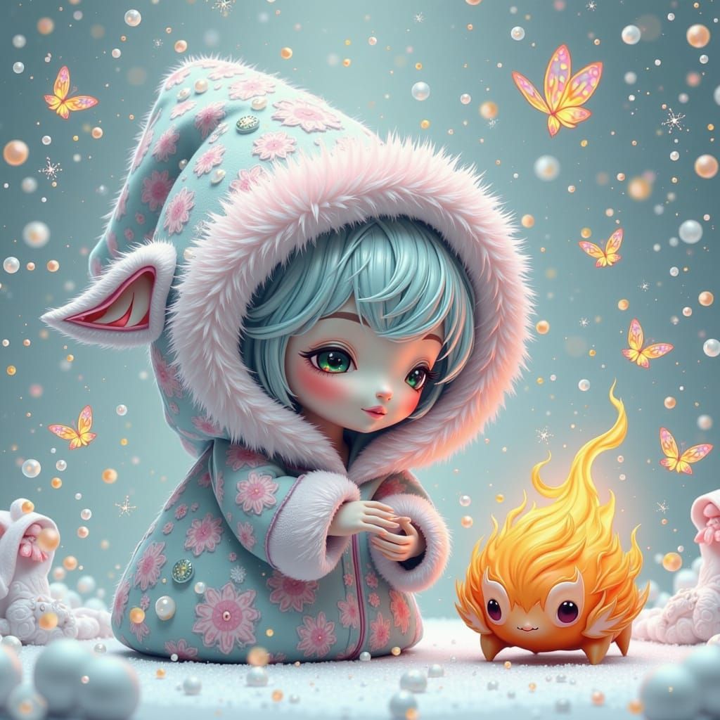 Fluffy Snowflake Meets Shy Flame Critter in Pastel Dreamscap...