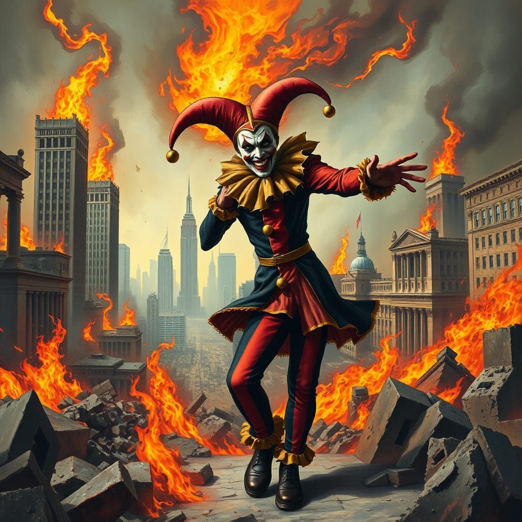 A court jester from hell, clad in a tattered, black and red harlequin costume with golden trim and oversized buttons, hi...