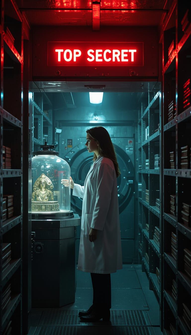 Government Lab Vault with Ancient Artifact in Retrofuturism