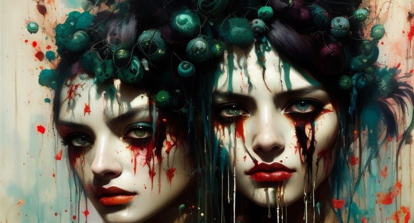 Sinister Medusa Portrait with Dripping Paint, Fine Art