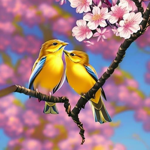 Mating Goldfinches in Sakura Tree: Hyperrealistic Splash Art