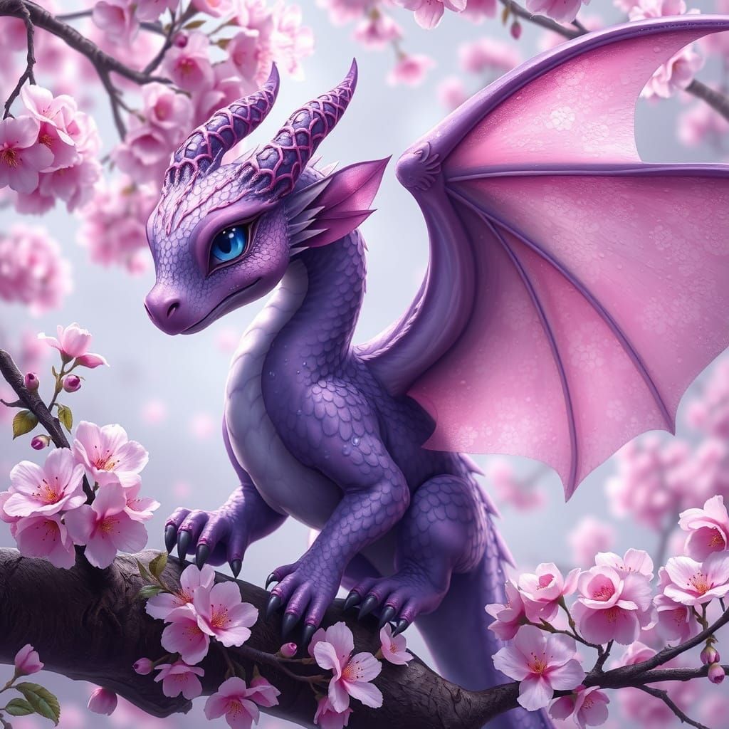 A whimsical realistic image of a , purple-colored dragon wit...