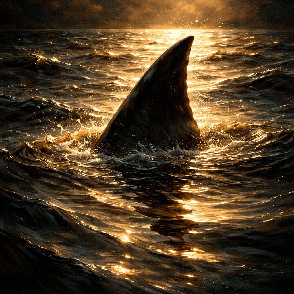 Dramatic Oil Painting of Shark Fin Emerging from Ocean