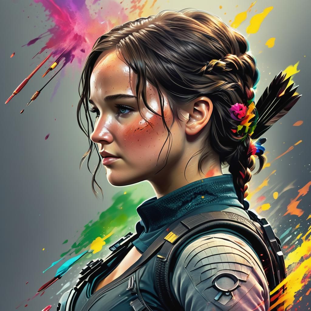 Hyperrealistic Katniss Everdeen Portrait in Splash Art Style