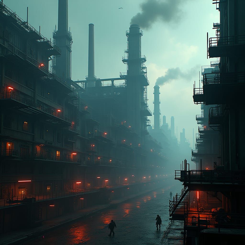 Dystopian Factory in Cyberpunk Style with Neon Accents