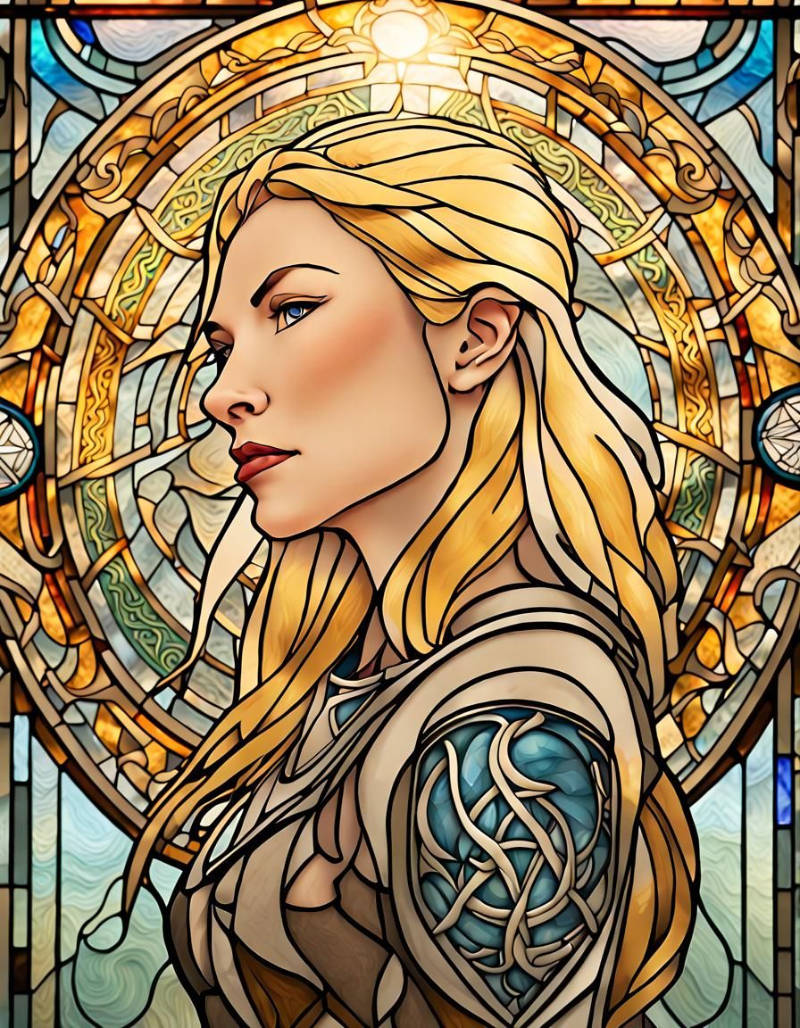 Norse Warrior in Art Nouveau Stained Glass