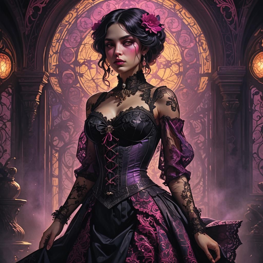 gothic woman with black lace skirt and vintage fuchsia pink bustier