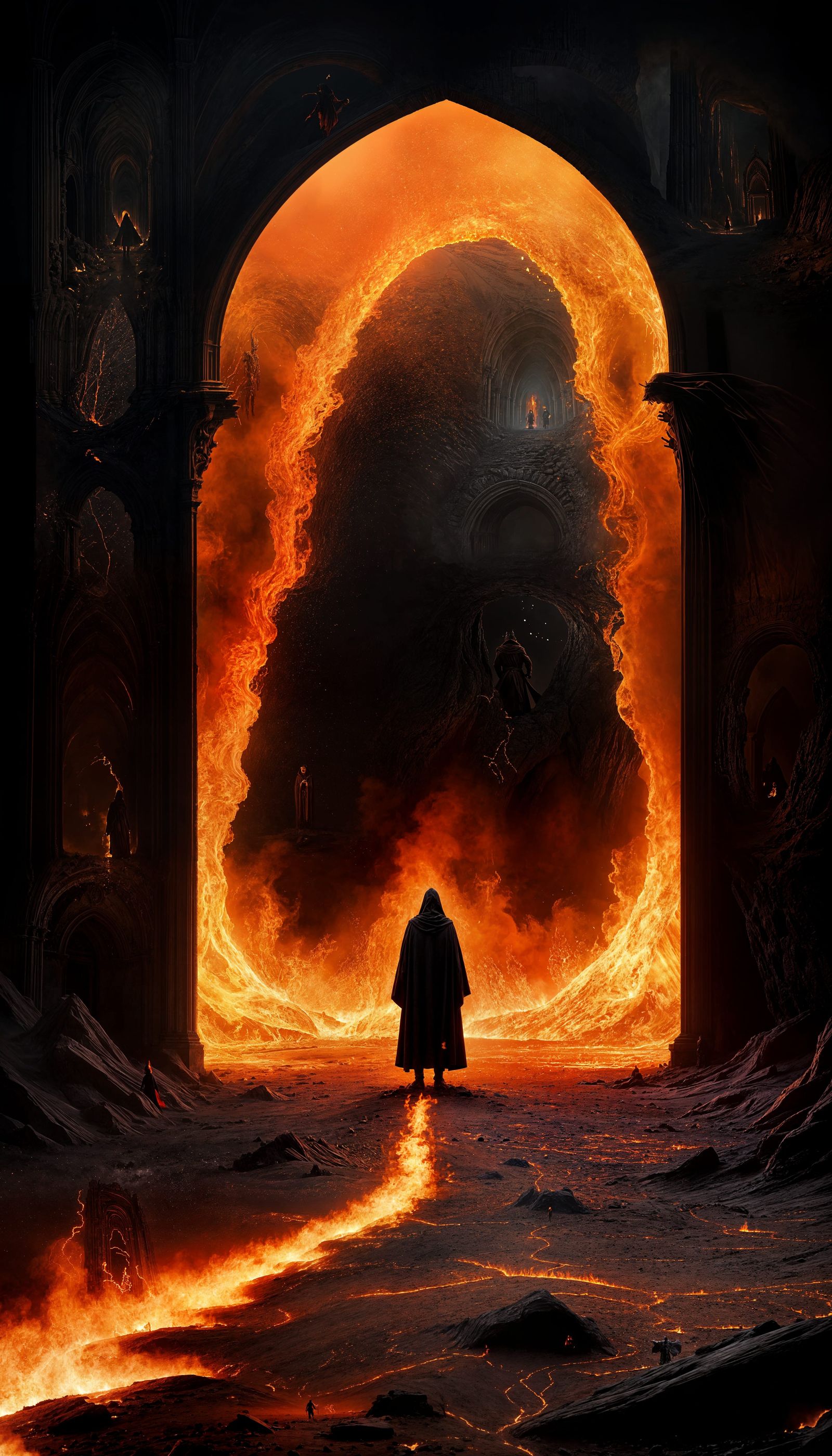 Gothic Figure Approaches Fiery Infernal Gateway