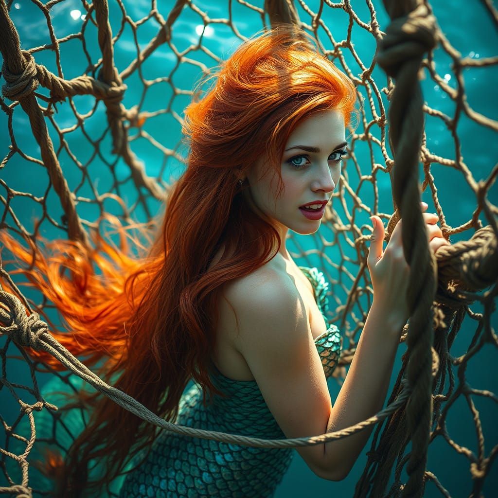 Majestic Mermaid Trapped in Ancient Fishing Net, Radiant Sca...
