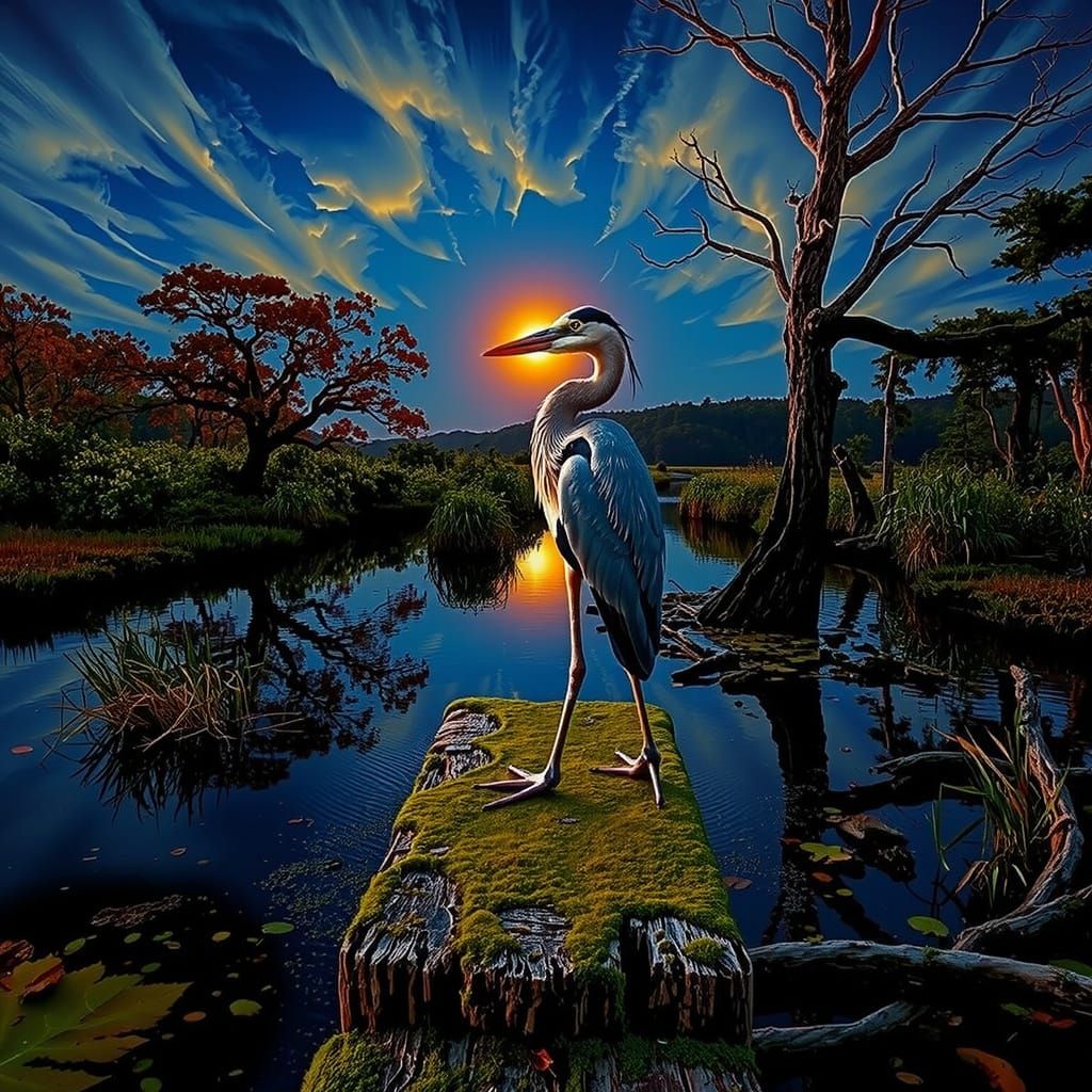 Dreamlike River Delta at Sunset with Heron