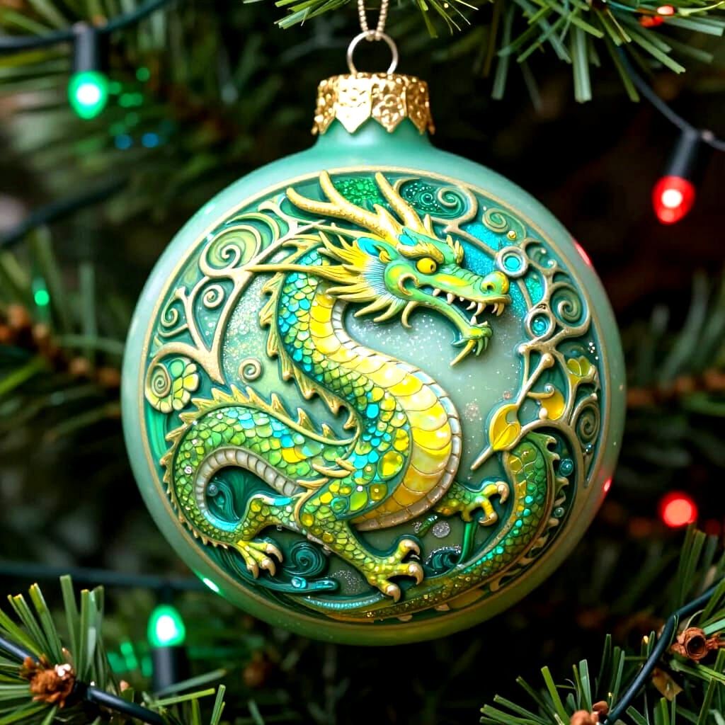 Art Nouveau Dragon Christmas Ornament in Green Tones