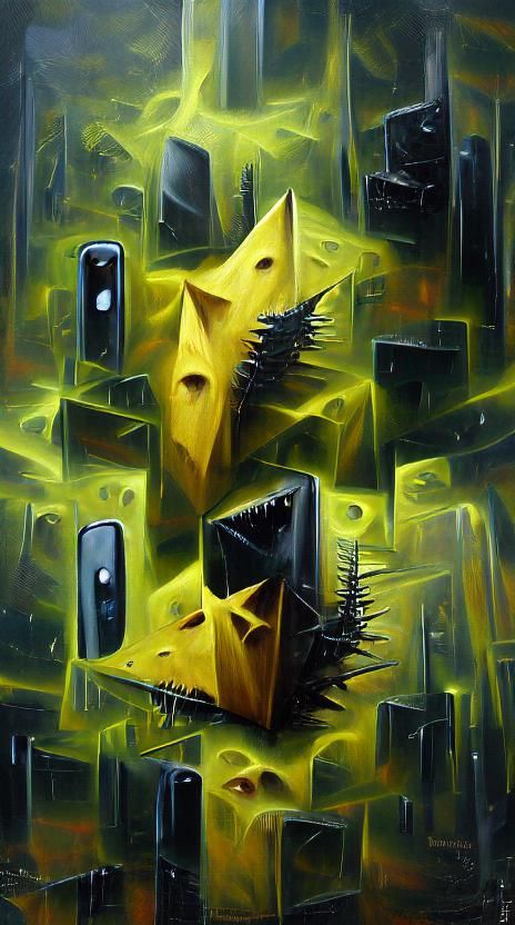 Spiked Yellow Shape in Cosmic Cyberpunk Landscape