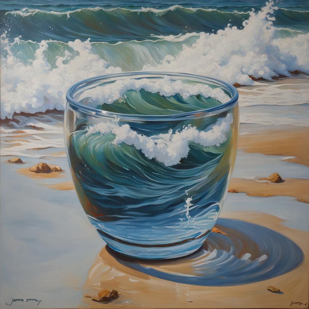 Hyperrealistic Waves in Glass Cup Oil Painting