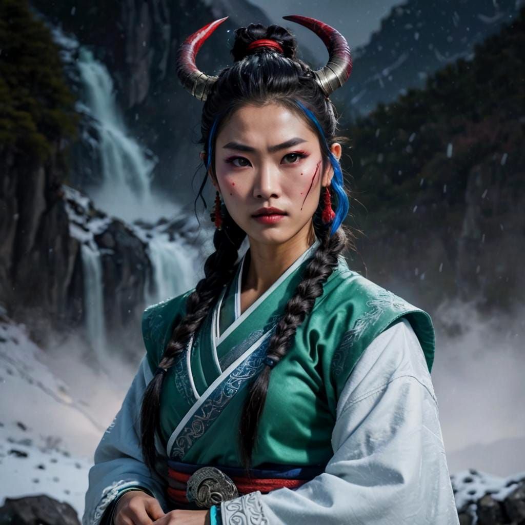 Hyperrealistic Asian Warriors in a Snowy Mountain Landscape
