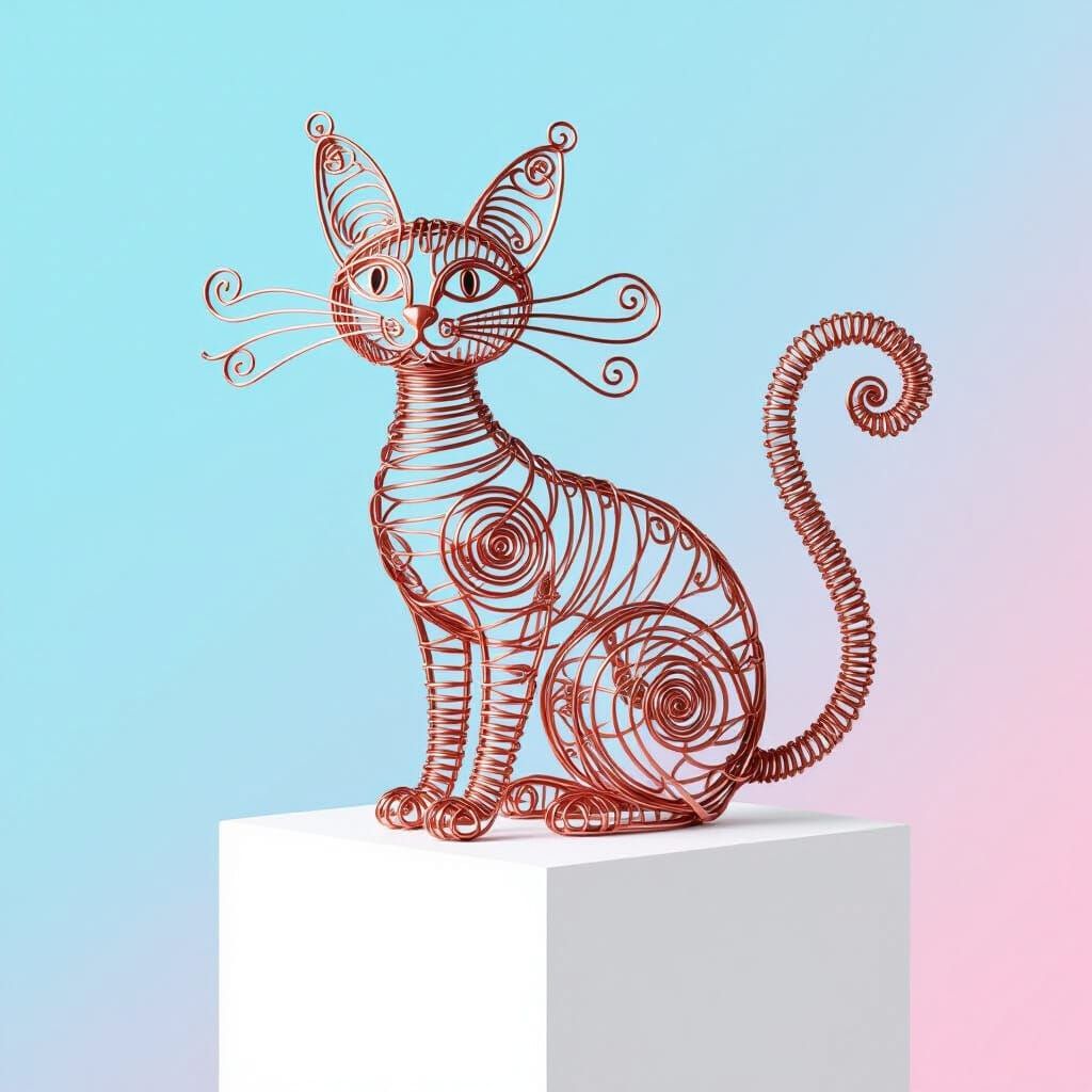Copper Wire Cat Sculpture on White Pedestal