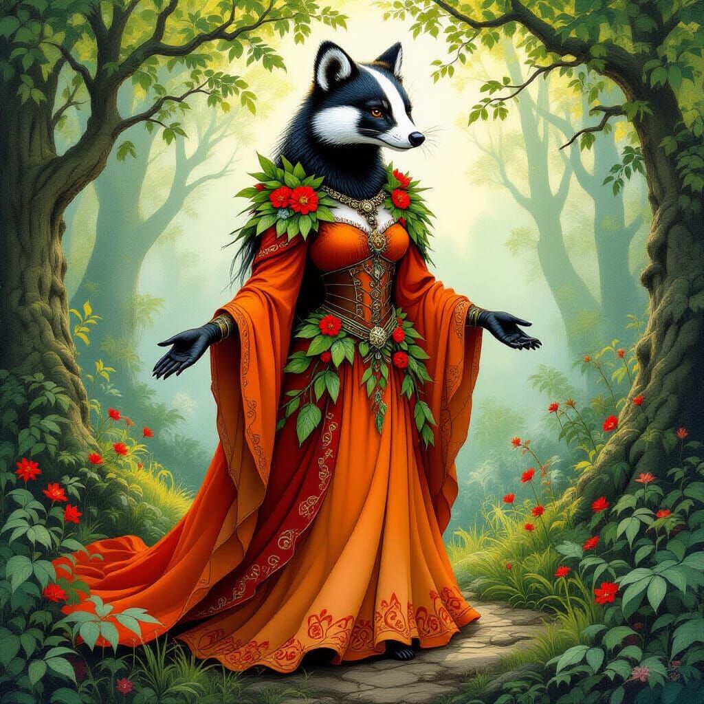 Badger Goddess in Forest, Whimsical Fantasy Art