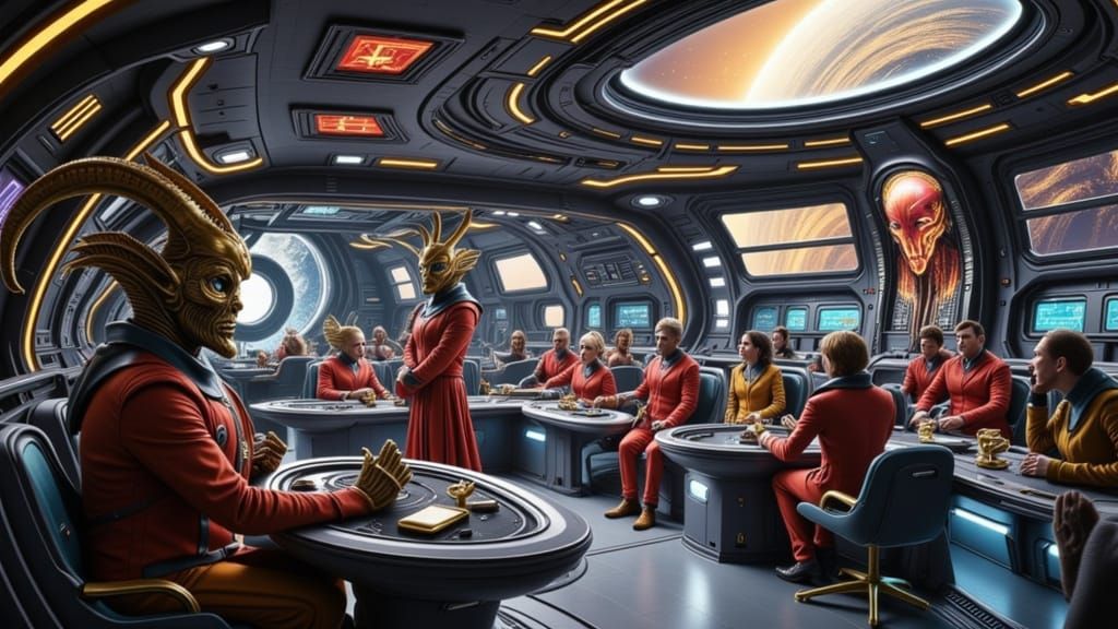 Gothic Alien Captain at the Helm of a Fantastical Starship