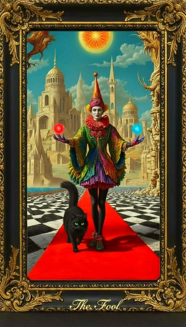 Jester Juggling on Checkered Floor with Archway Sea Landscap...
