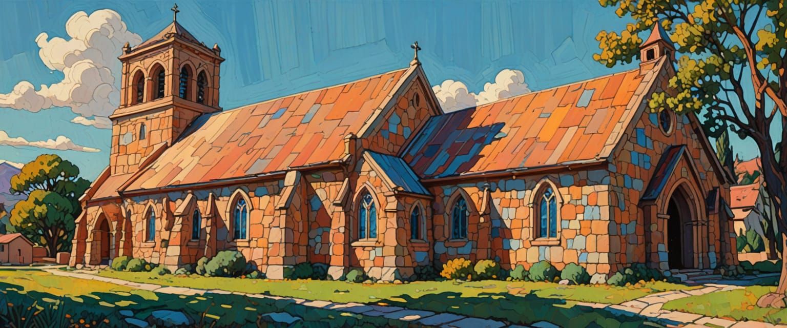 Graveyard Church in Gouache Style