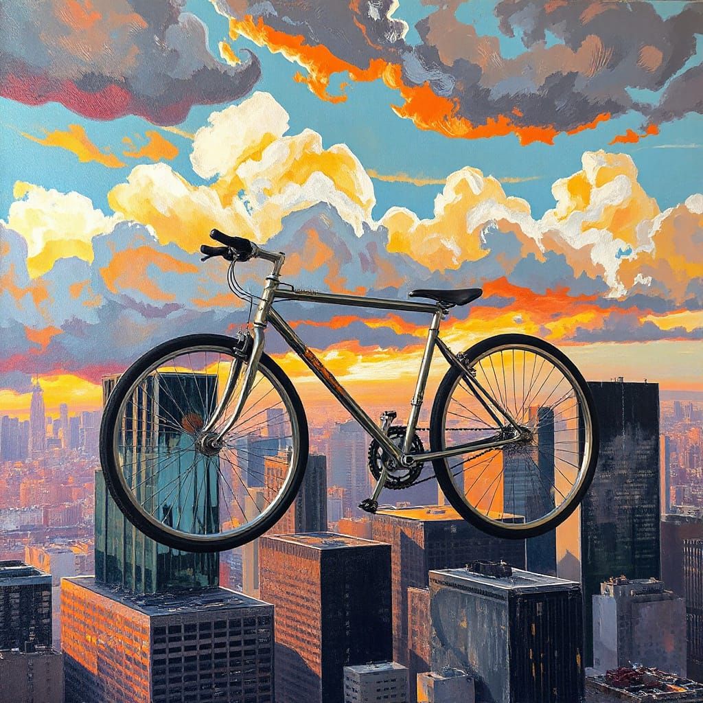 Silver Bike Ascends Clouds Over NYC in Neo-Impressionist Sty...