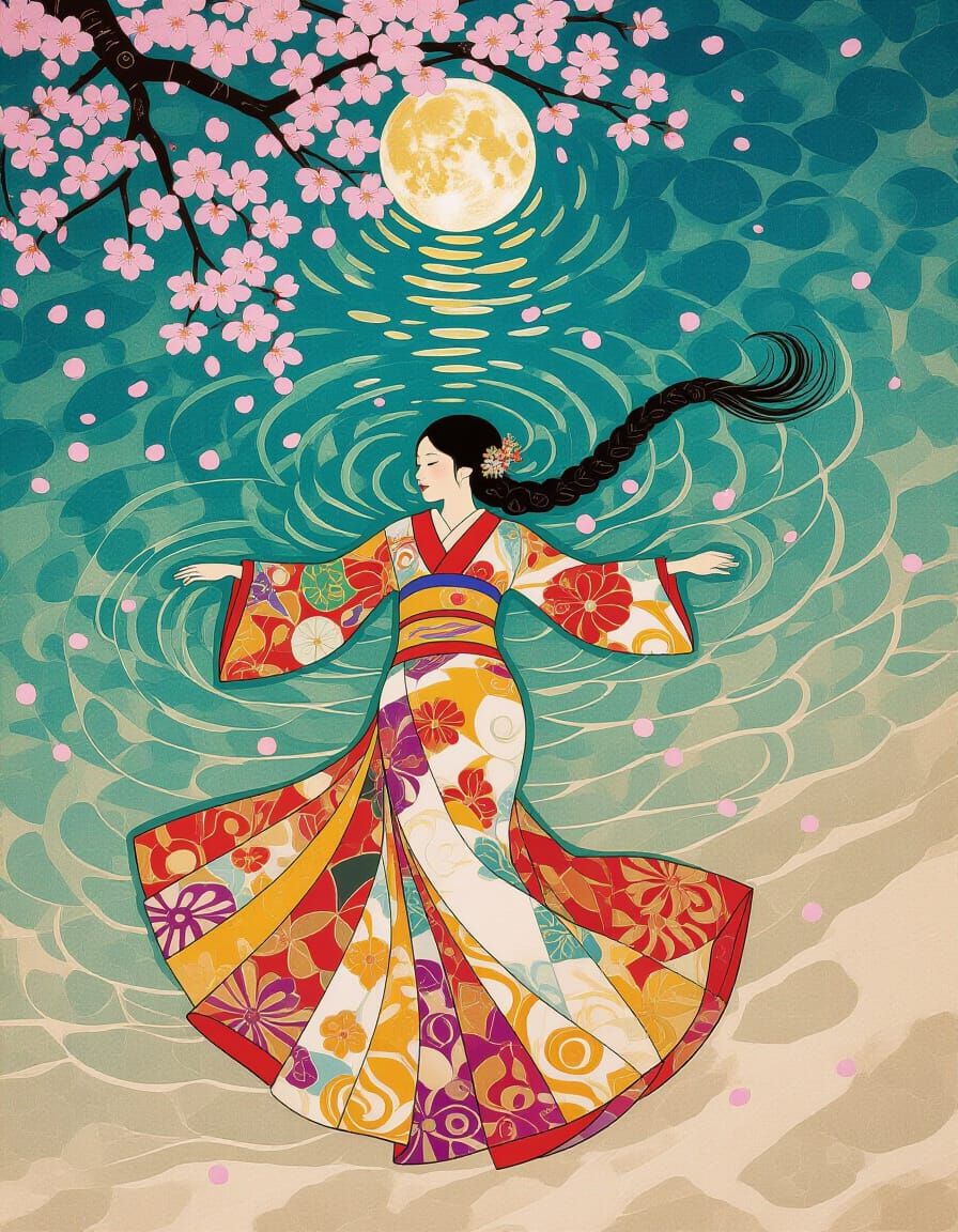 Overhead View: Woman in Kimono Under Cherry Tree