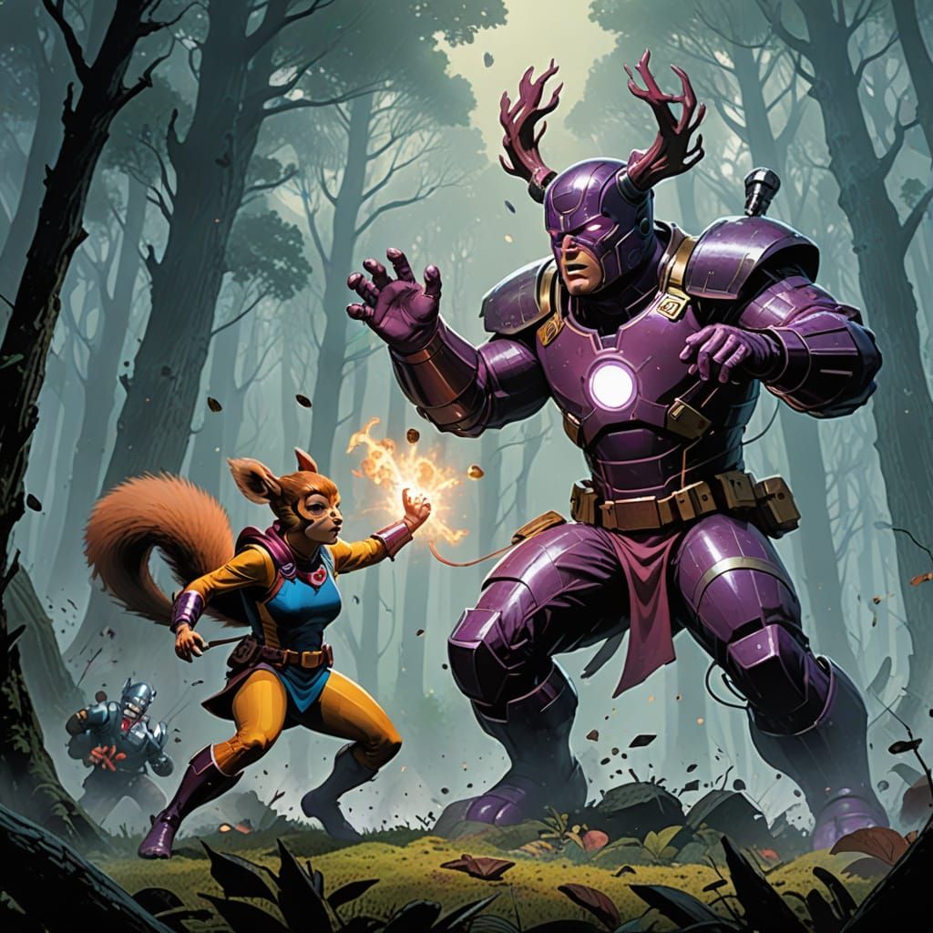 Squirrel Girl Battles Galactus in Misty Forest Comic Art