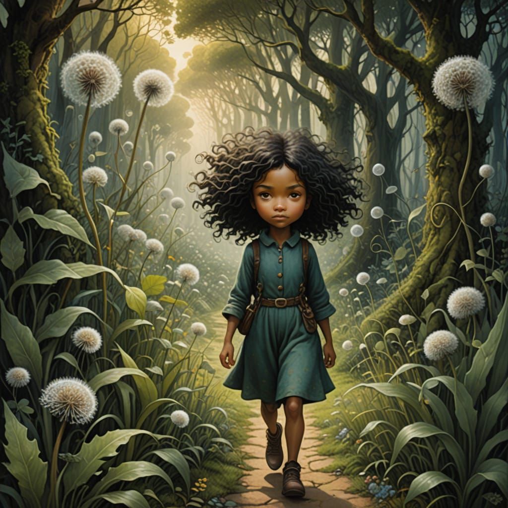 Miniature Girl in Surreal Wild Garden with Giant Dandelions