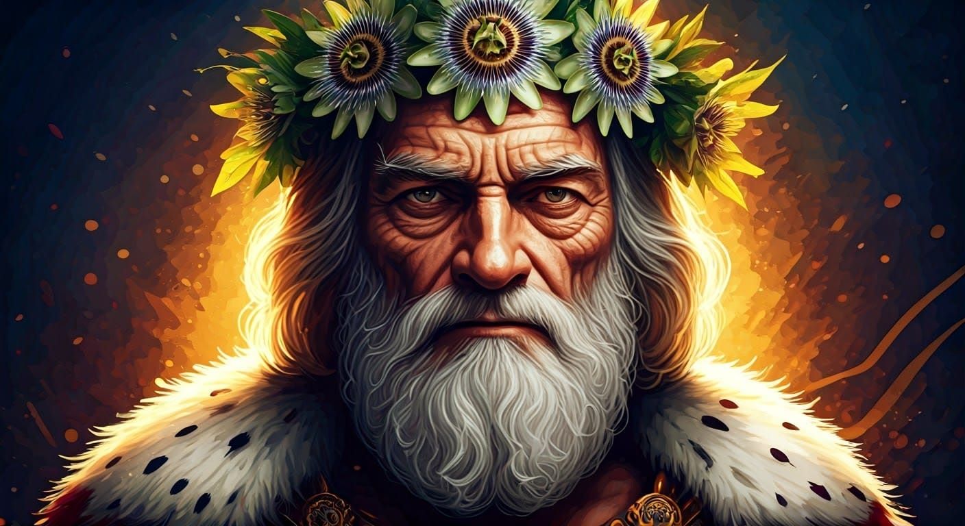 Regal Portrait of Passion Flower King in Vibrant Hyperrealis...