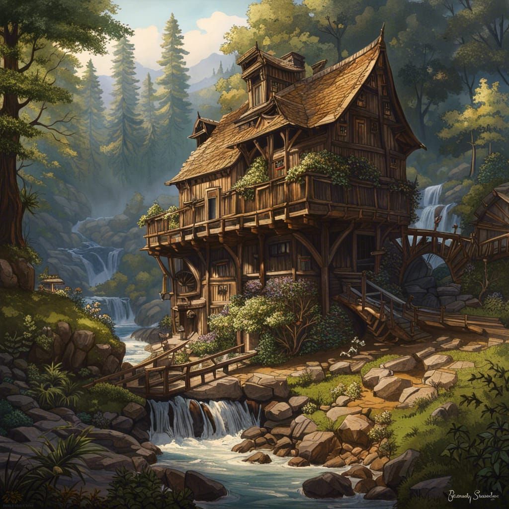 Romantic Valley Watermill: Ink and Watercolor Painting