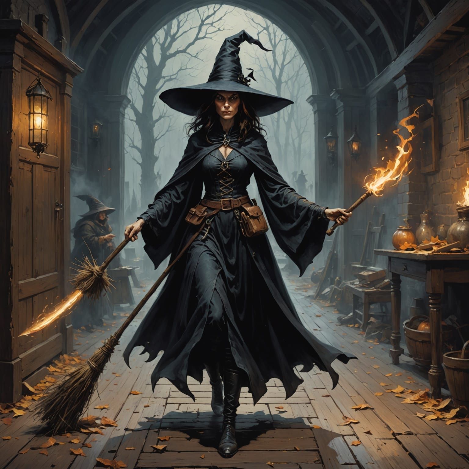 Witch's Magic Broom Sweeps Floor Unattended