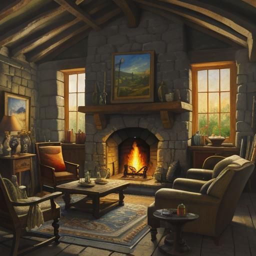 Cozy Stone Hut Sitting Room: Gouache Impressionism