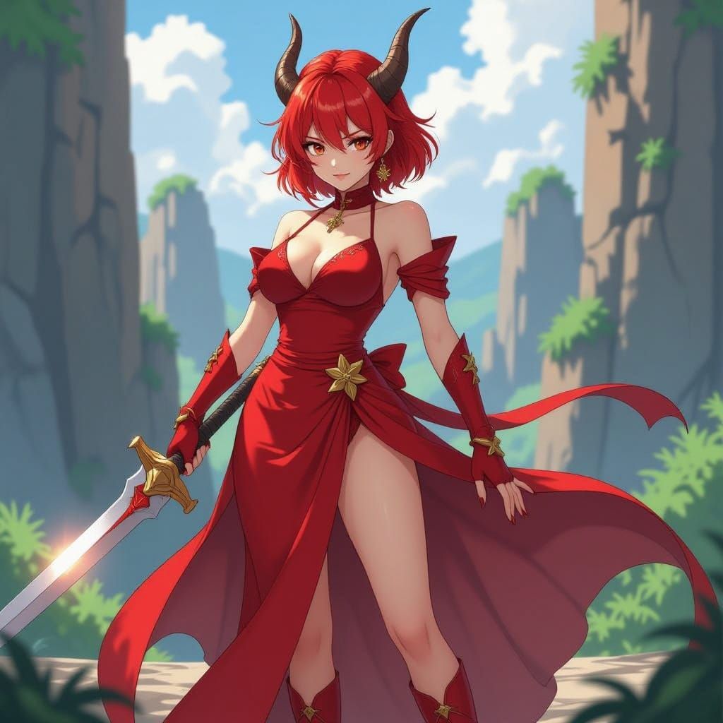 Anime-Style Dragon Woman Sword Fighter with Vibrant Colors