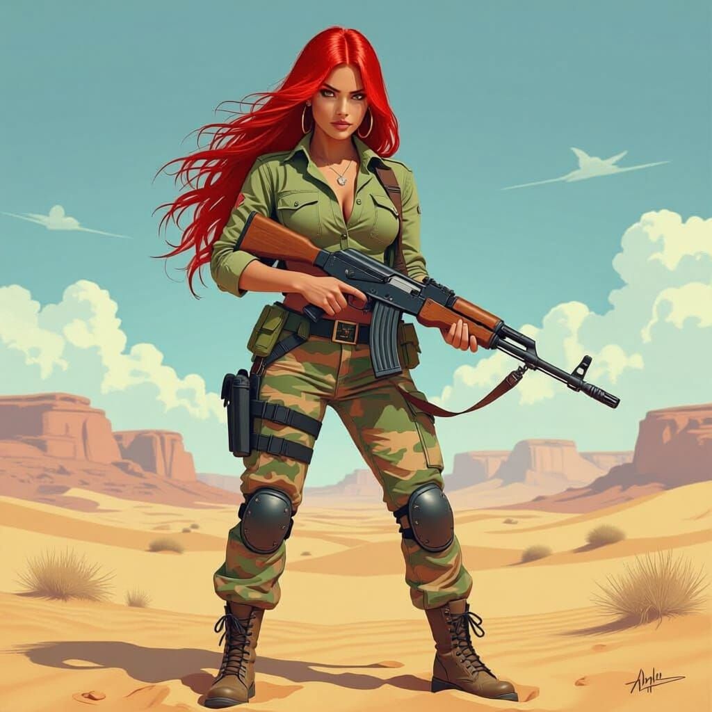 Desert Warrior Woman with AK-47 in Hyperrealistic Style