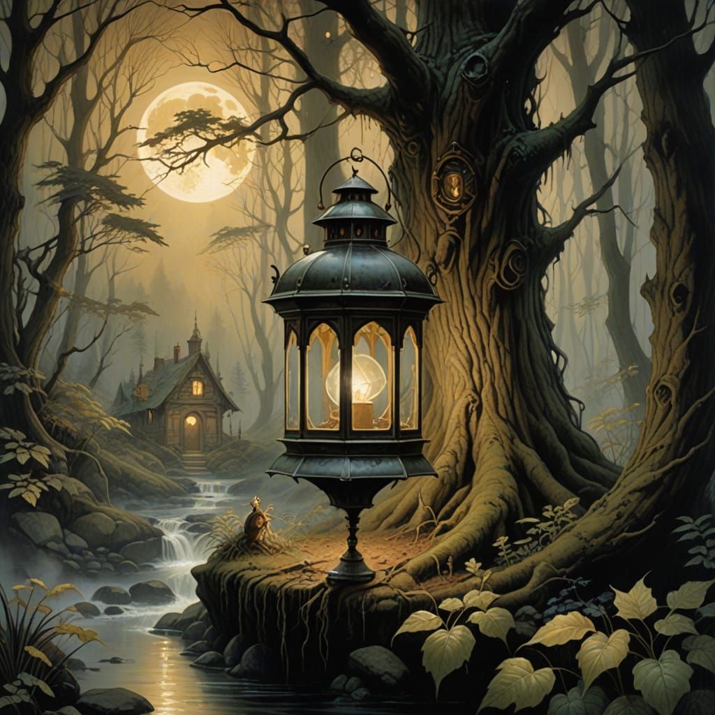 Ethereal Lantern Illuminates Misty Forest in Golden Hues