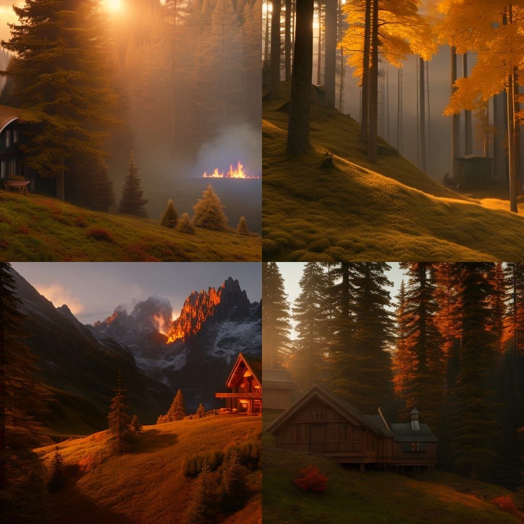 Chalet in Autumn Woods: Kinkade-Inspired Campfire Scene