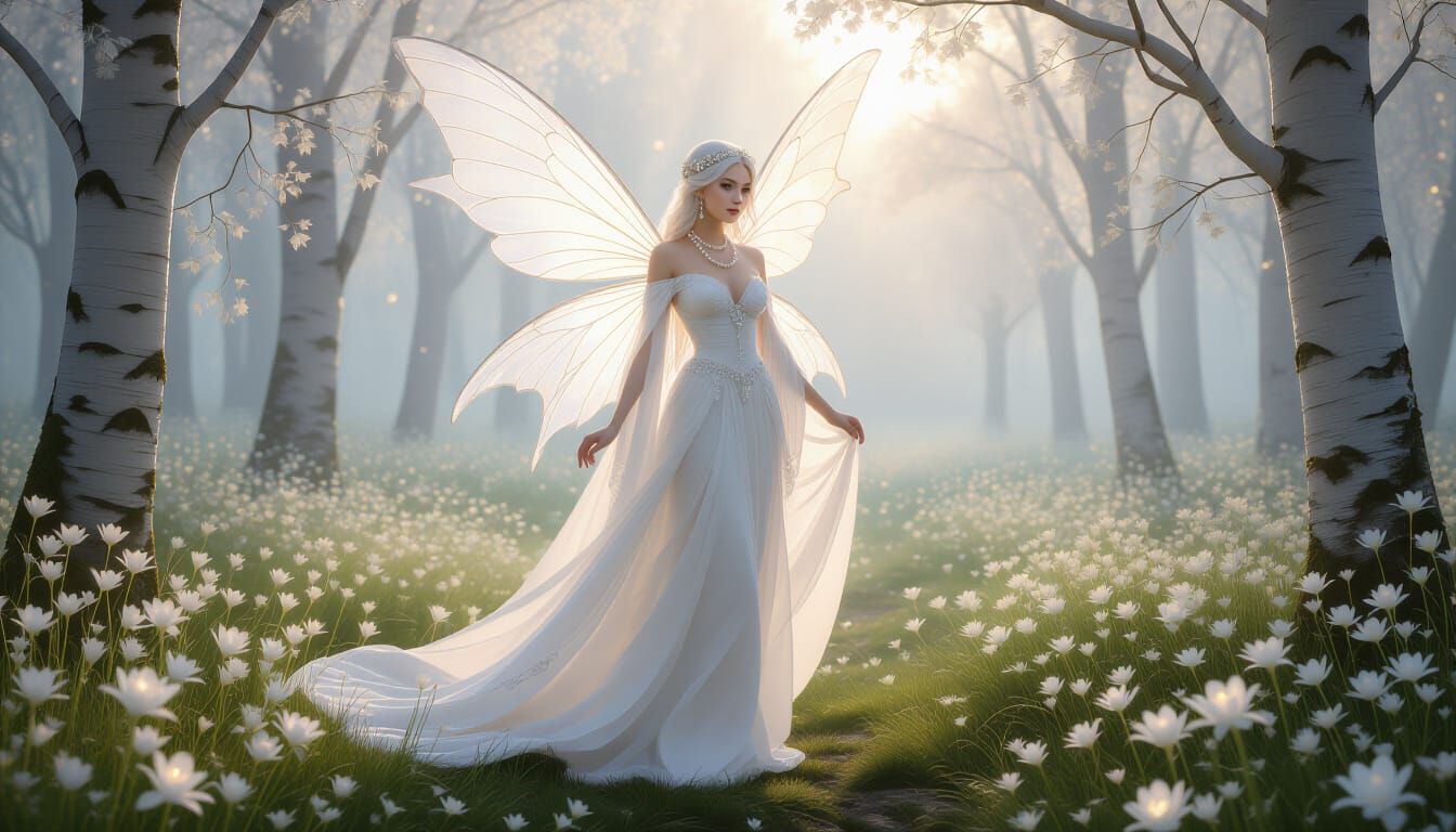White Fairy in Ethereal Forest Clearing: Magical Realism