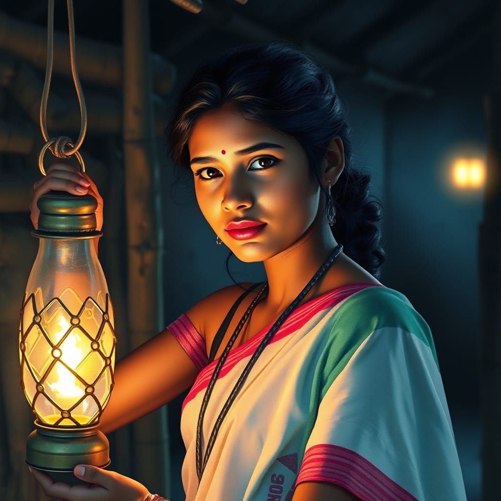 village beautiful young woman in an saree, lamping the  lantern, The serene ambiance is...