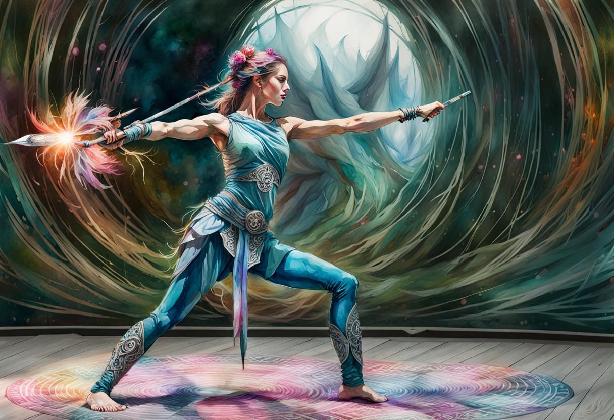 Fantasy Warrior Doing Yoga in Watercolor Illustration