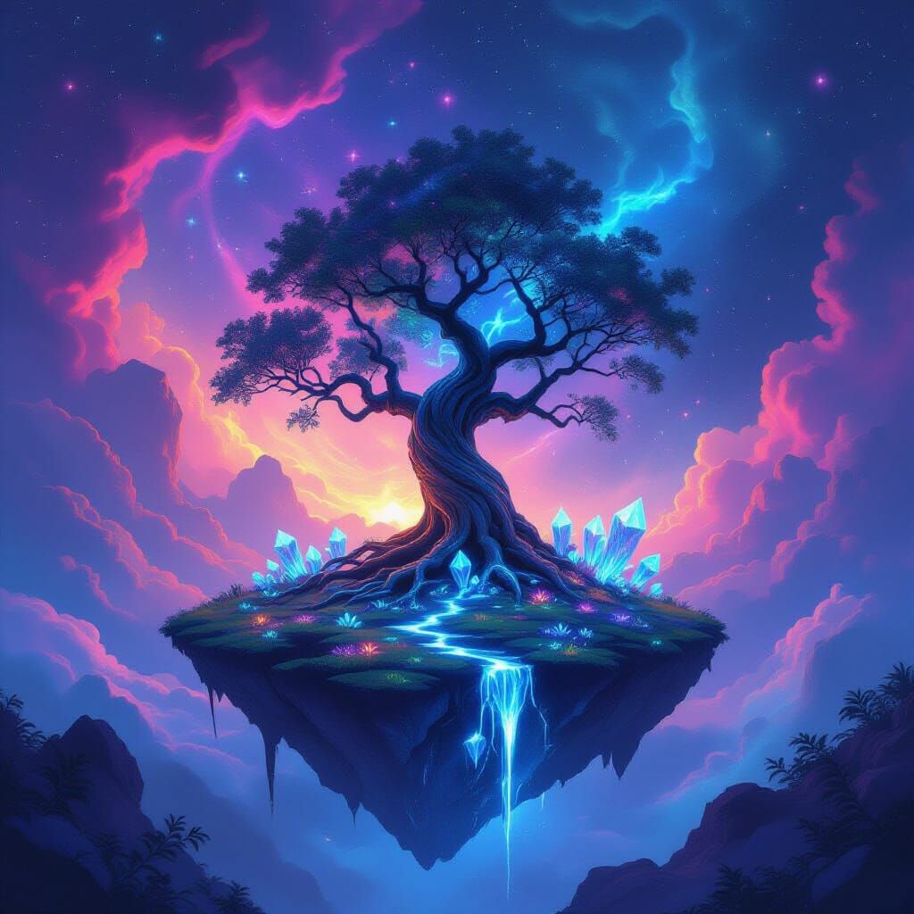 Ancient Glowing Tree on Cosmic Floating Island