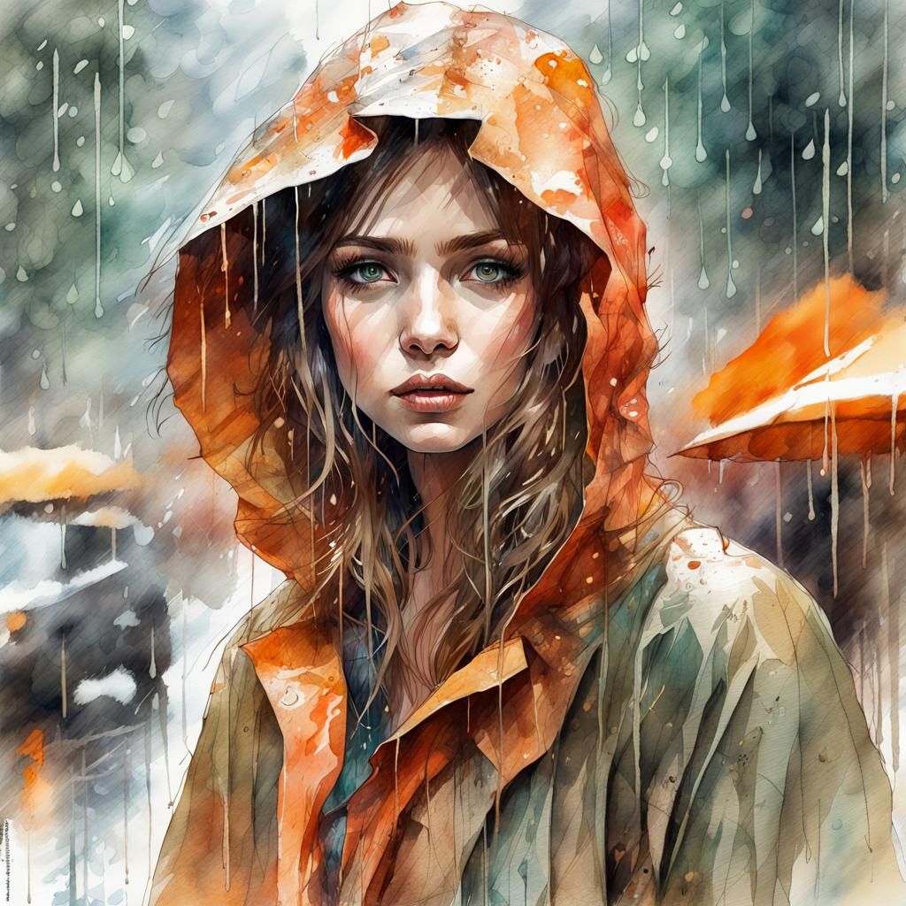 Beautiful Woman Dancing in Rainy Watercolor