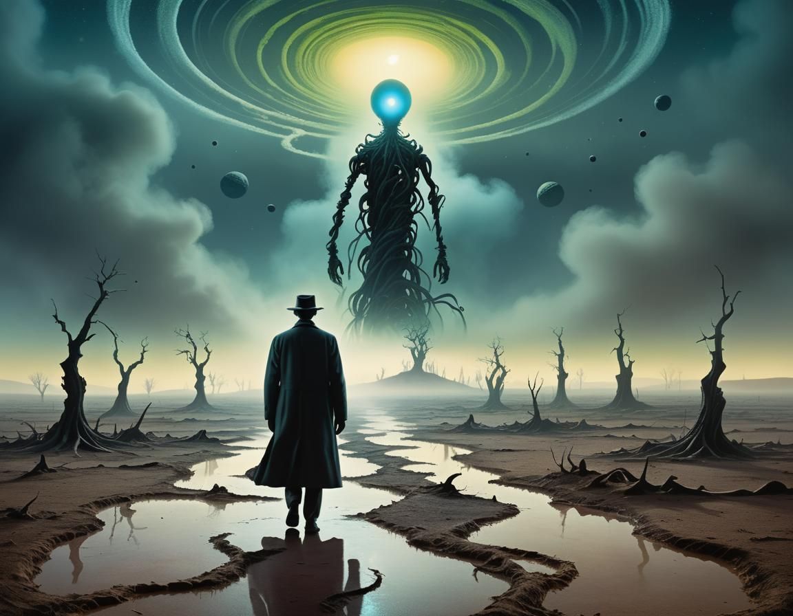 Create a twilight zone science-fiction book cover style. Cosmic mysterious surreal in twilight time. Background of surr...