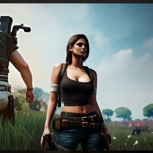 Beautiful Woman Playing PUBG: Detailed Matte Painting