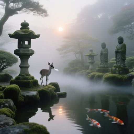 Ethereal Japanese Garden at Dawn with Colt