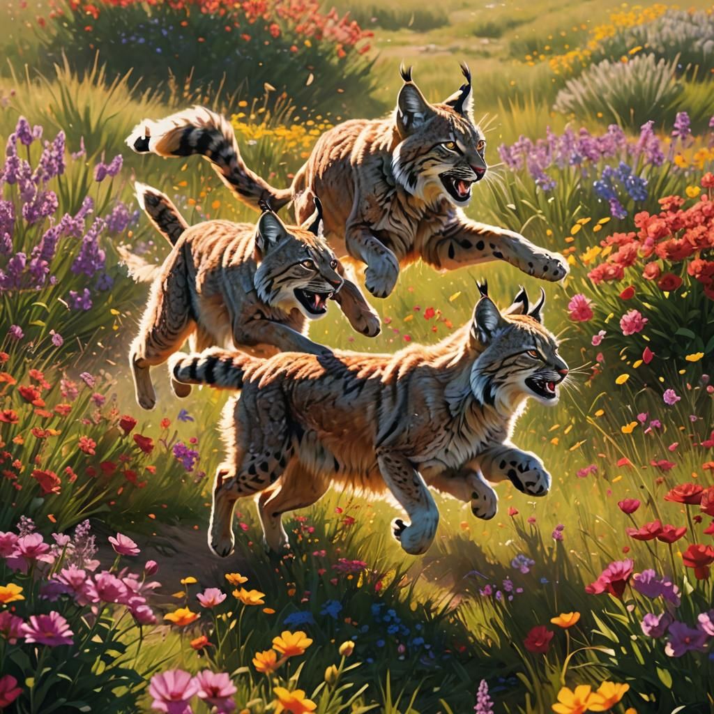 Lynxes Leap Through Floral Field, Fantasy Concept Art