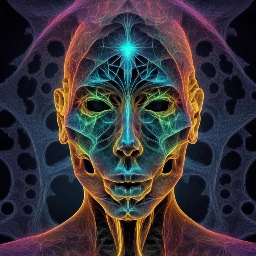 Neon Fractal Skeleton Face in 3D