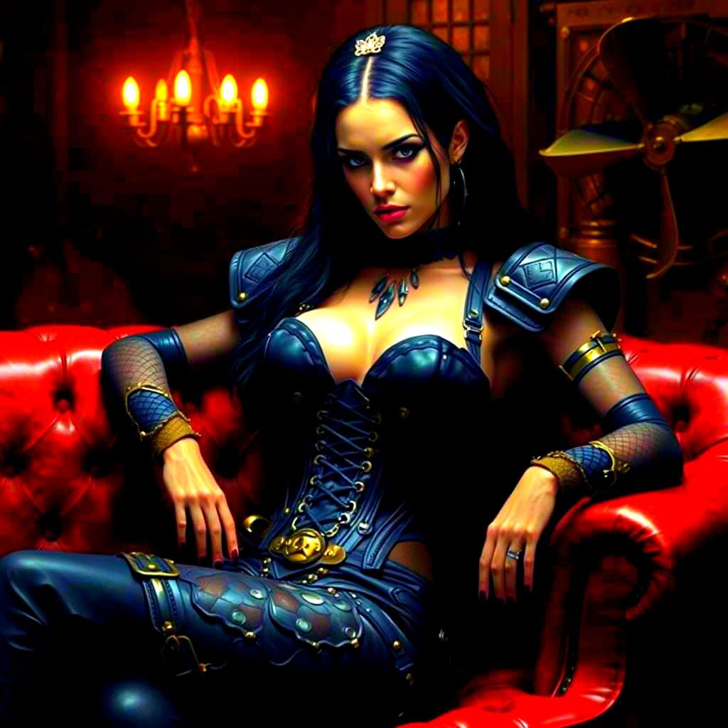 Steampunk Gothic Woman in Neon Lit Room