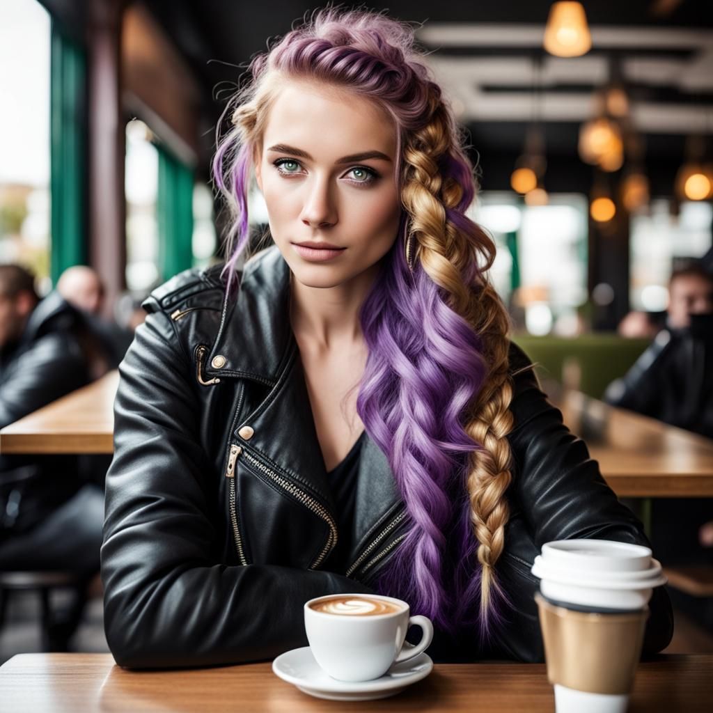 Viking Woman with Purple Hair Drinking Coffee
