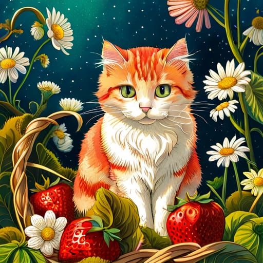 Chibi Cat Enjoys Strawberries: Maximalist Polychromatic Art