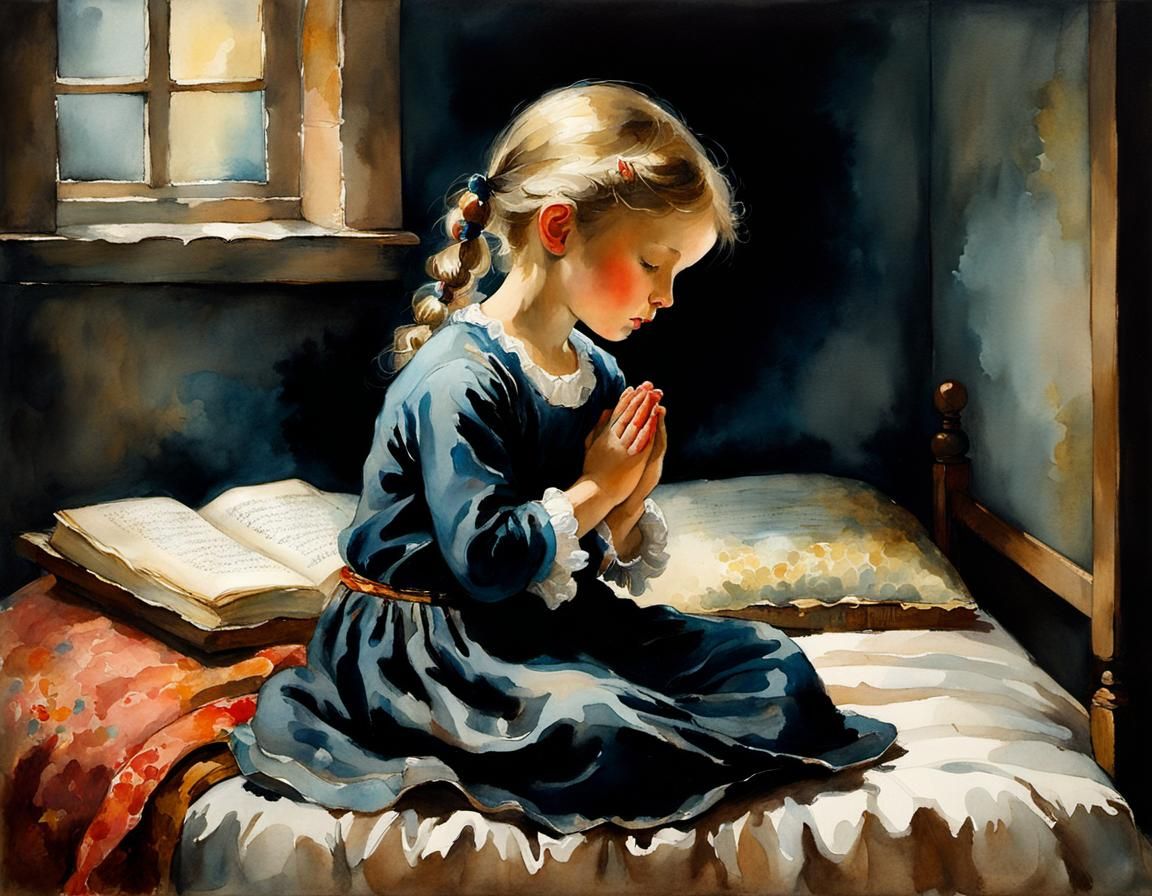 Child Praying: Moody Watercolor Painting