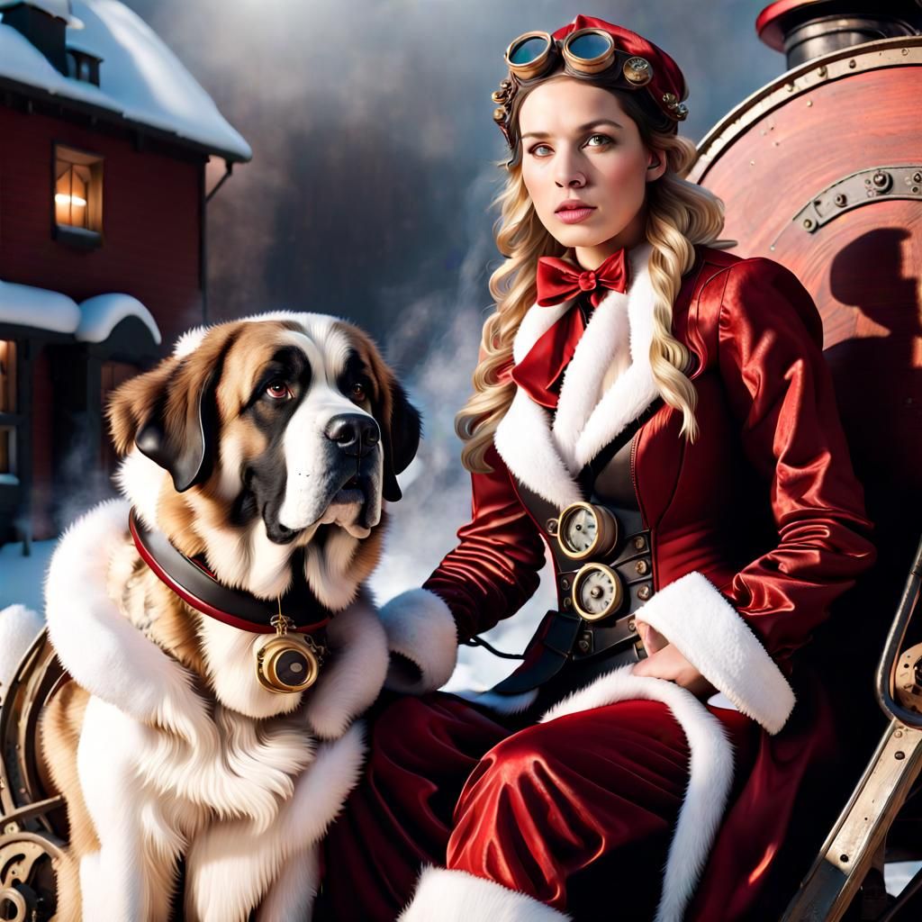 Steampunk Santa with St. Bernard Dog in Sleigh